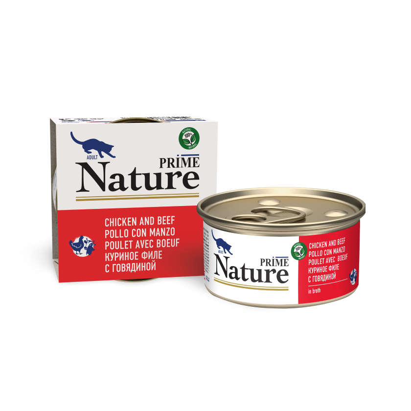 конс. Prime Nature 85г в бульоне Куриное филе с Говядиной для Кошек
