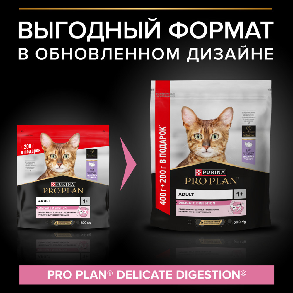 Сухой корм PRO PLAN® DELICATE DIGESTION для взрослых кошек с чувствительным пищеварением, с высоким содержанием индейки, 400 г + 200 г в подарок