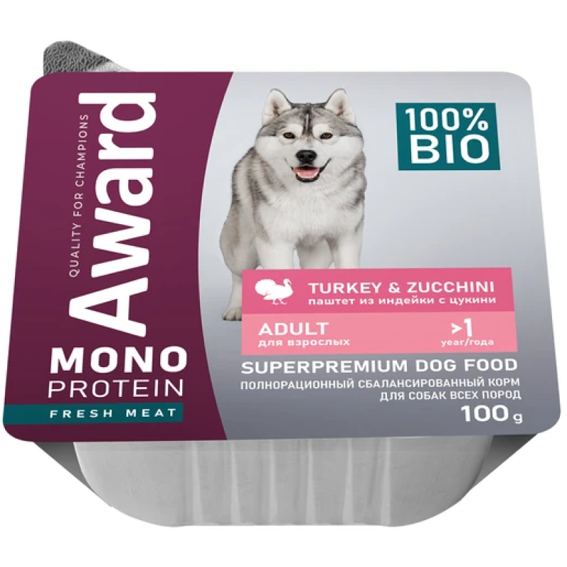 Award влажный корм Monoprotein для взрослых собак паштет из индейки с цукини 100г