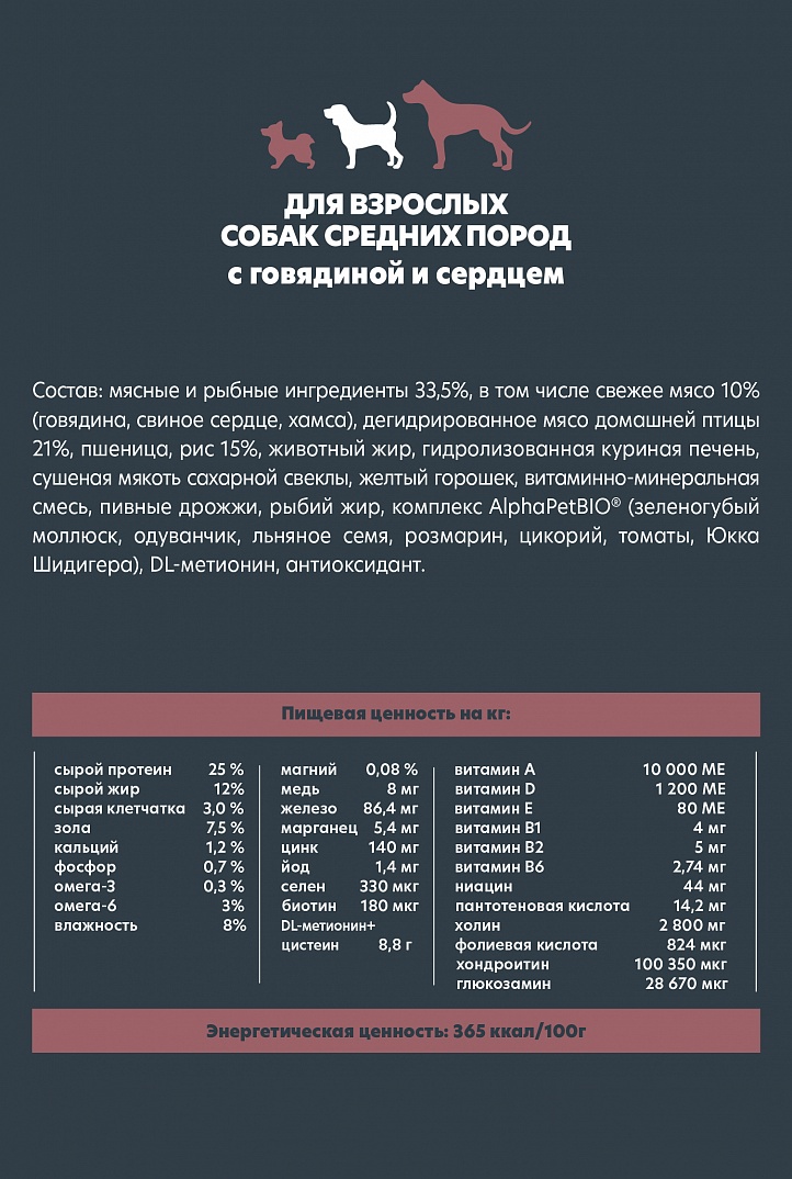 AlphaPet WOW 7кг для Собак Средних пород с Говядиной и сердцем