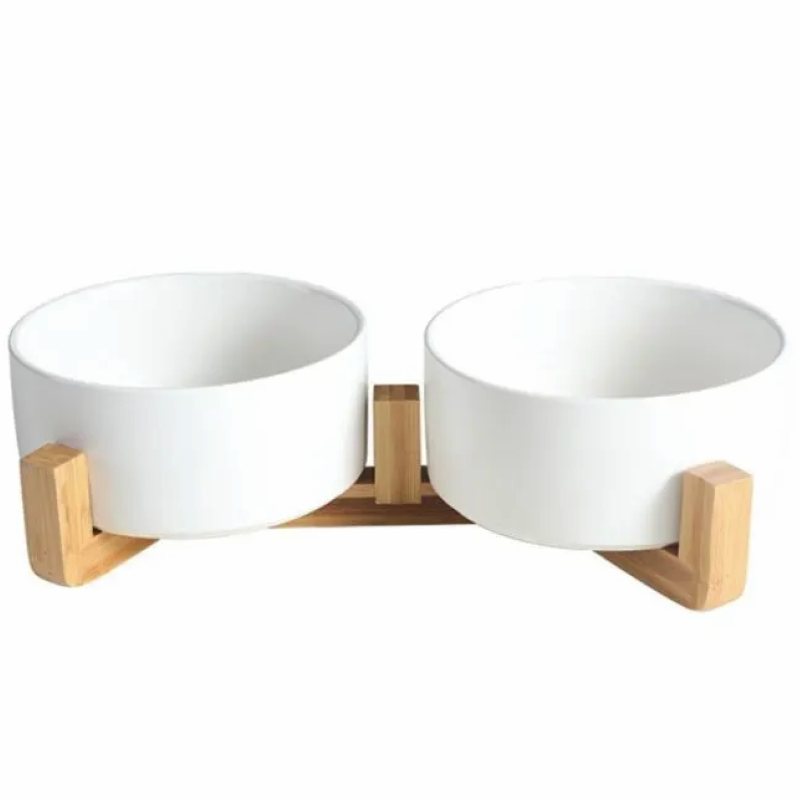 Миска керамическая TopPet двойная большая на деревянной подставке, белая 2х750 мл