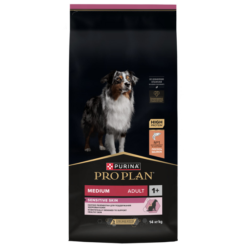 Сухой корм PRO PLAN SENSITIVE SKIN для взрослых собак средних пород с чувствительной кожей, с высоким содержанием лосося, 14 кг