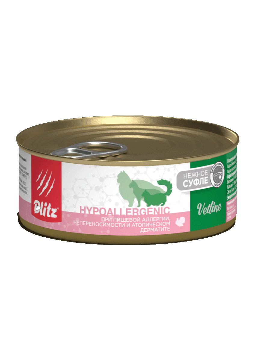 конс. Blitz Vetline Hypoallergenic Cat паштет с индейкой для Кошек с пищевой аллергией 100г