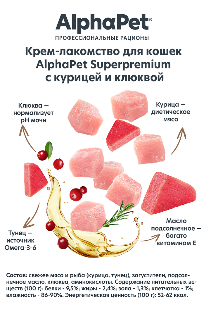 Крем-лакомство для Кошек AlphaPet Superpremium с Курицей и Клюквой 48г