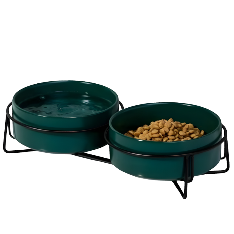 Миска керамическая TopPet двойная на металлической подставке, темно зеленая 2х350 мл