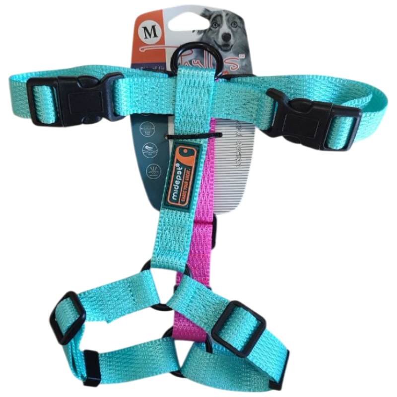 Шлейка MidePet "Design H" - M (стропа 2 см, грудь 40-60 см), бирюзовая с розовым