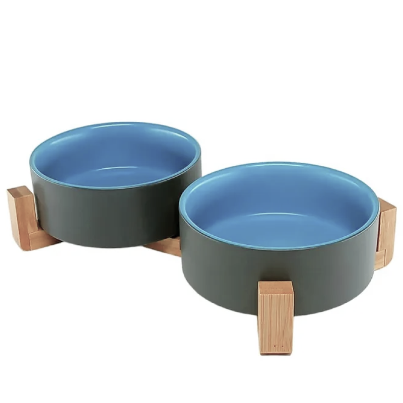 Миска керамическая TopPet двойная большая на деревянной подставке, серо-синяя 2х750 мл