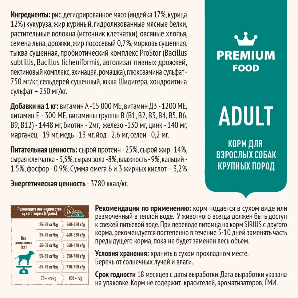 Sirius для Собак крупных пород 15кг с Индейкой и овощами