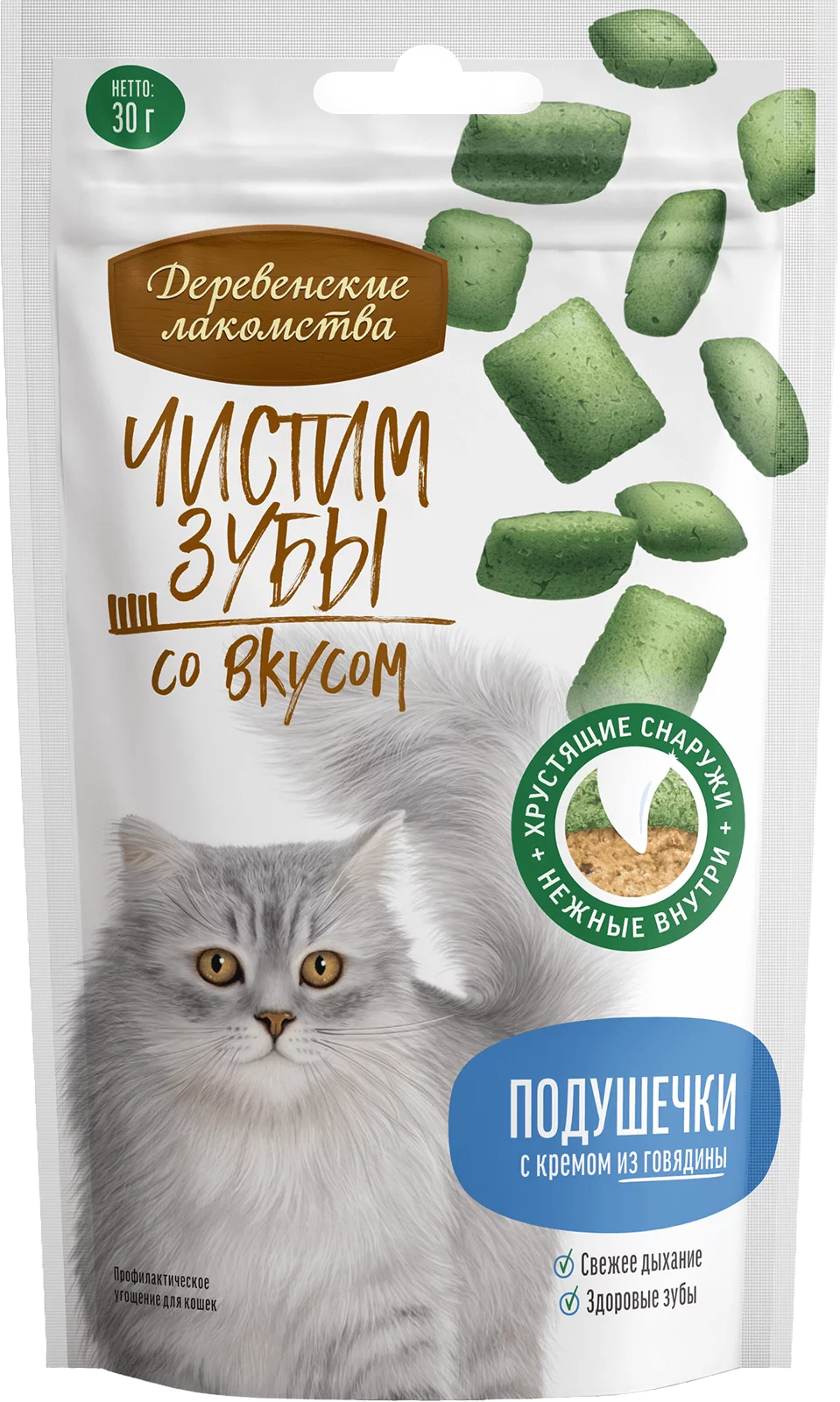 Деревенские Лакомства Чистим зубы Подушечки с кремом из Говядины 30г для Кошек
