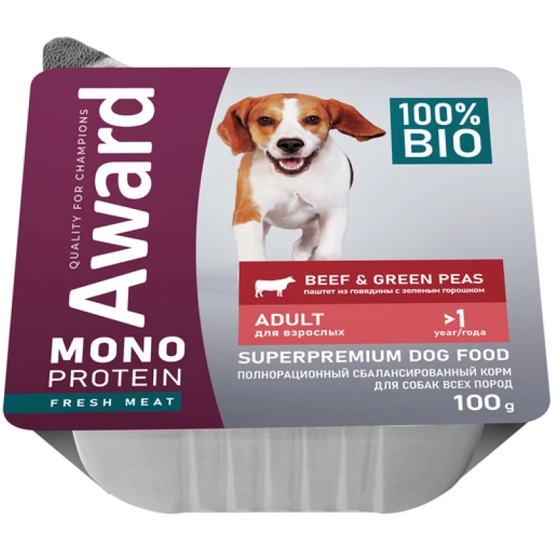 Award влажный корм Monoprotein для взрослых собак паштет из говядины с зеленым горошком 100г