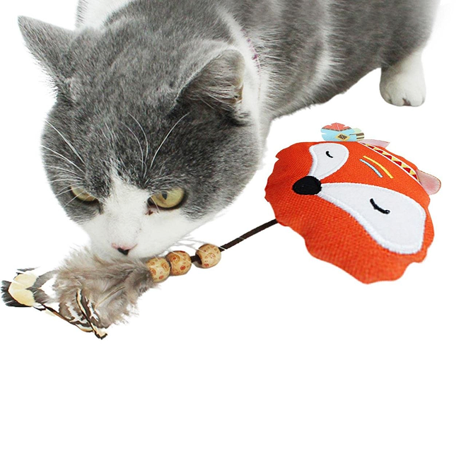 Игрушка Nunbell для кошек Мордочка Лисья с пером, текстильная, 10см