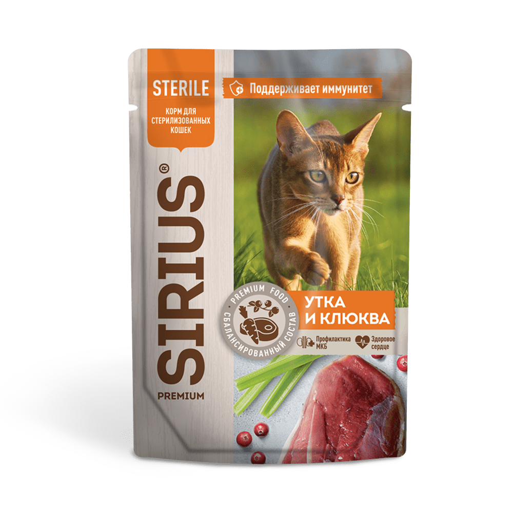 пауч SIRIUS для Стерилизованных Кошек, кусочки в соусе Утка с Клюквой 85г