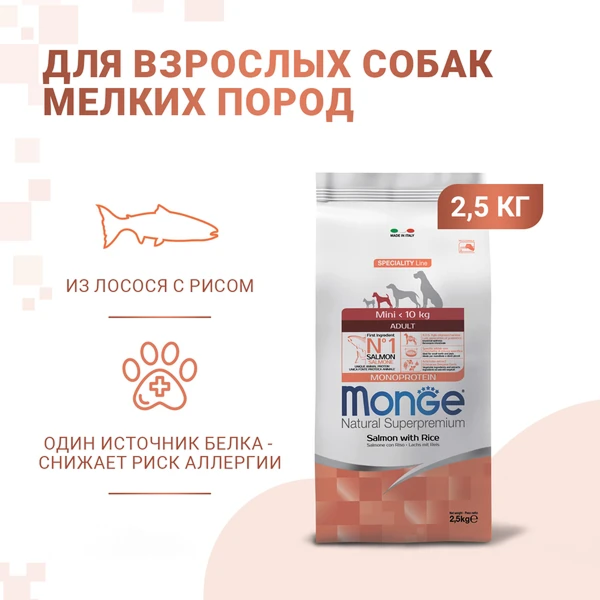 Monge Dog Speciality Mini для Собак мелких пород c Лососем и Рисом 2,5кг