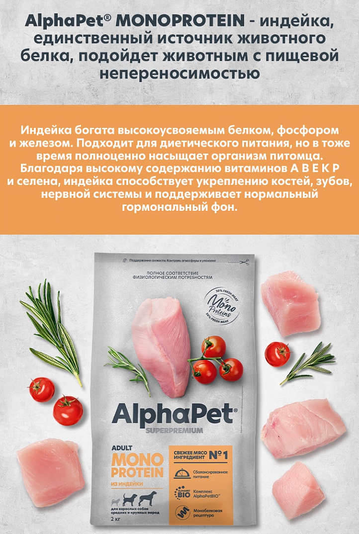 AlphaPet Monoprotein 12кг для Собак Средних и Крупных пород из Индейки