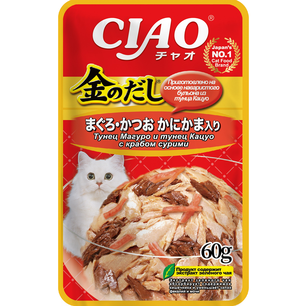 пауч Inaba Ciao Kinnodashi 60г в желе Тунец магуро и кацуо с Сурими для Кошек