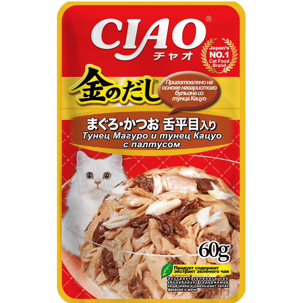 пауч Inaba Ciao Kinnodashi 60г в желе Тунец магуро и кацуо с Палтусом для Кошек