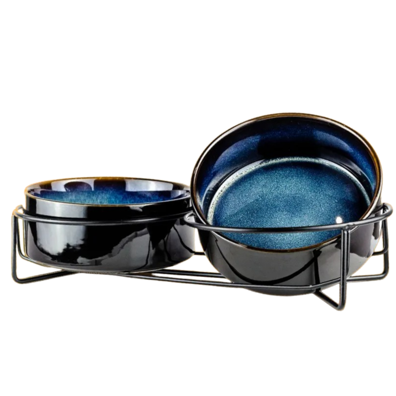 Миска керамическая TopPet двойная большая на металлической подставке, темно-синяя глазурь 2x750 мл