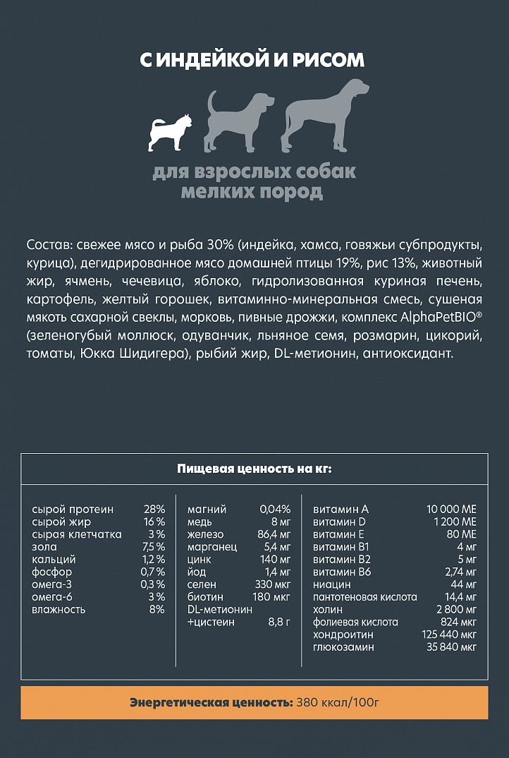 AlphaPet 1,5кг для Собак Мелких пород с Индейкой и рисом