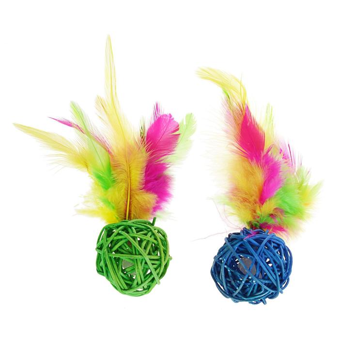 Игрушка Nunbell для кошек Мяч плетенный с пером и погремушкой, 2 шт