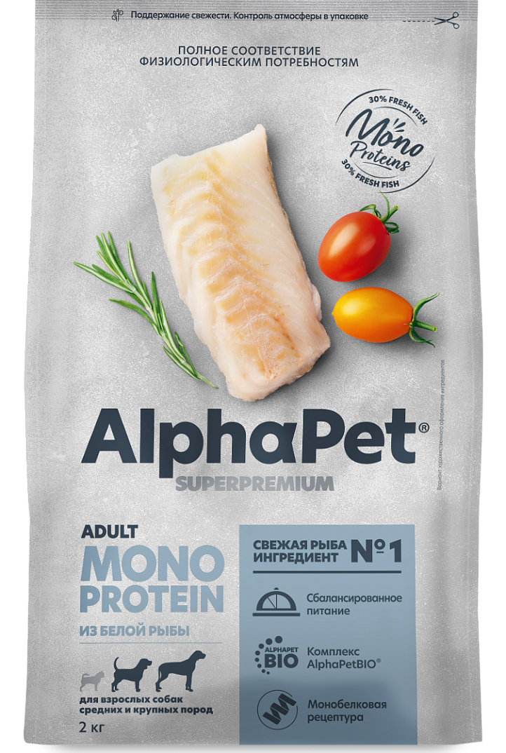 AlphaPet Monoprotein 12кг для Собак Средних и Крупных пород из Белой Рыбы