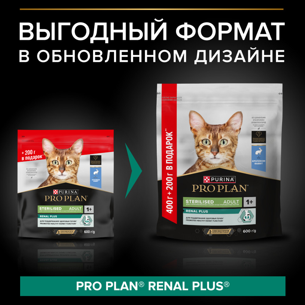 Сухой корм PRO PLAN® Sterilised RENAL PLUS для взрослых стерилизованных кошек, с высоким содержанием кролика, 400 г + 200 г
