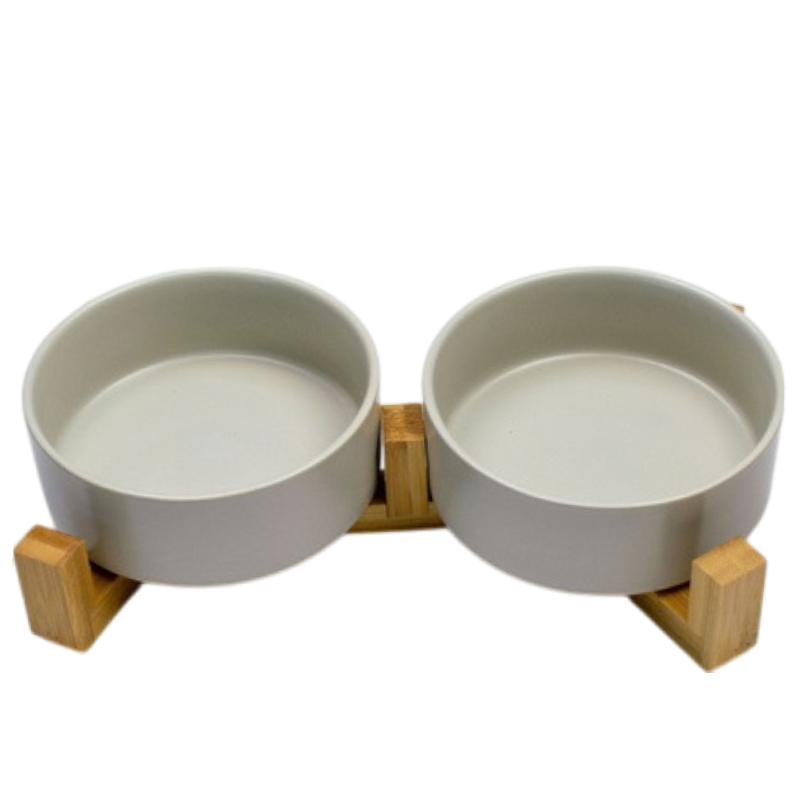 Миска керамическая TopPet двойная на деревянной подставке, светло-серая 2х350 мл