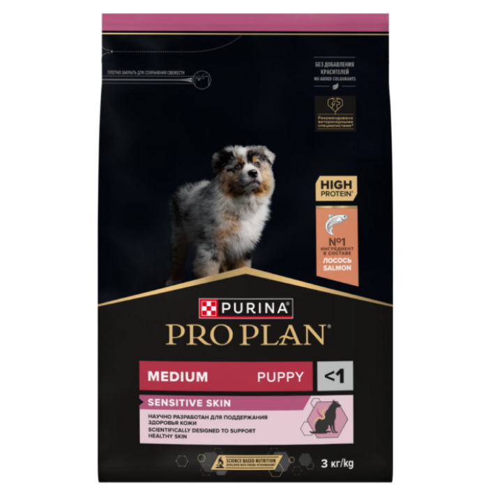 Сухой корм PRO PLAN Opti Derma для щенков средних пород при чувствительной коже, с лососем, 3 кг