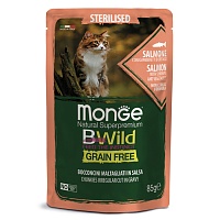пауч Monge Cat Bwild Grain free для Стерилизованных Кошек из Лосося с Креветками и Овощами 85г