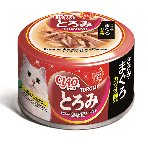 конс. Inaba Ciao Toromi 80г в бульоне Куриное филе и Тунец магуро с Кацуобуси для Кошек