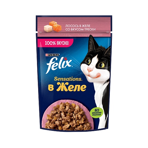 Влажный корм Felix Sensations для взрослых кошек, с лососем в желе с добавлением трески, 75 г
