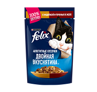 Влажный корм Felix Двойная вкуснятина для кошек, с индейкой и печенью в желе, 75 г 